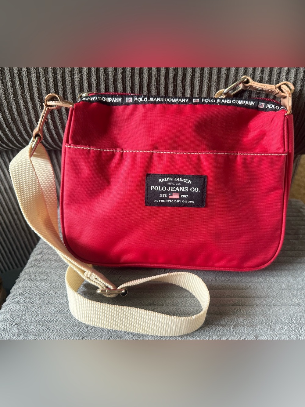 VTG Polo by Ralph Lauren Red Messenger Nylon Purse Crossbody Bag Cream Strap
